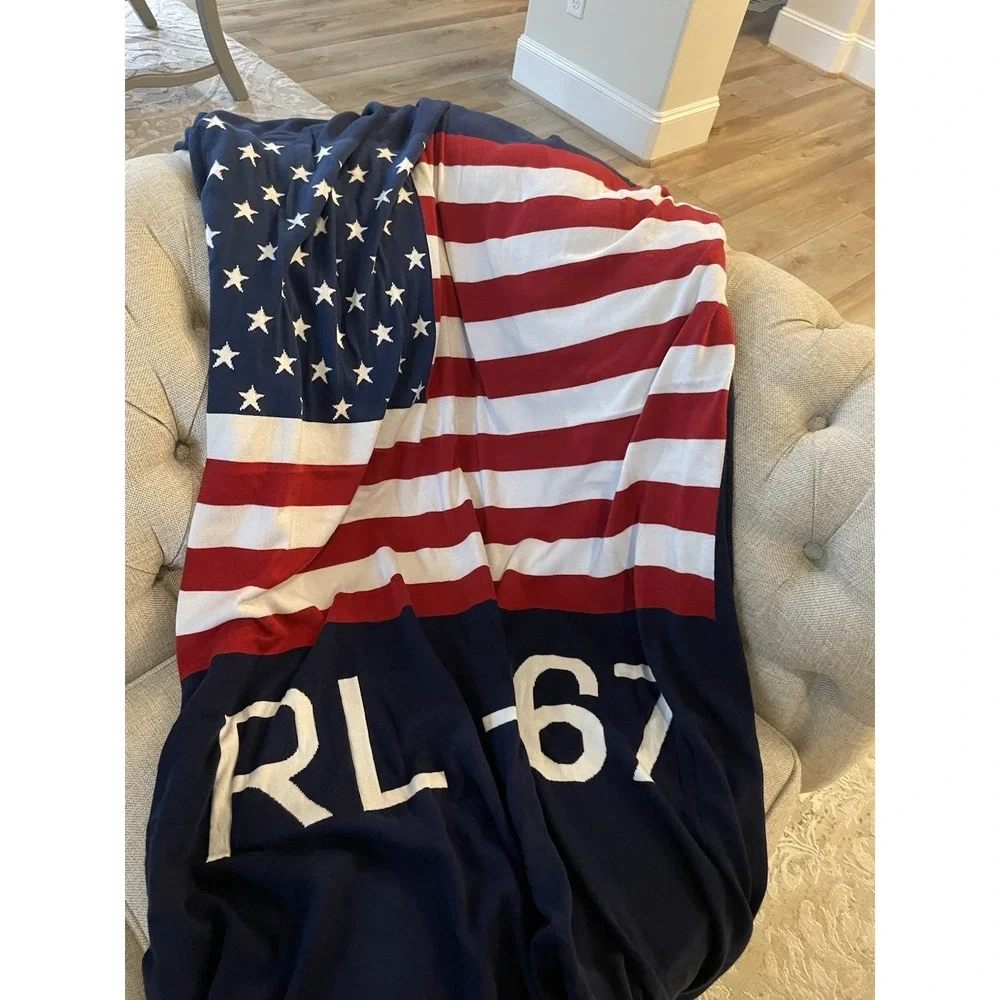 Vtg Red White Blue Polo Ralph Lauren  RL -67 Flag Throw Blanket Knit 100% Cotton